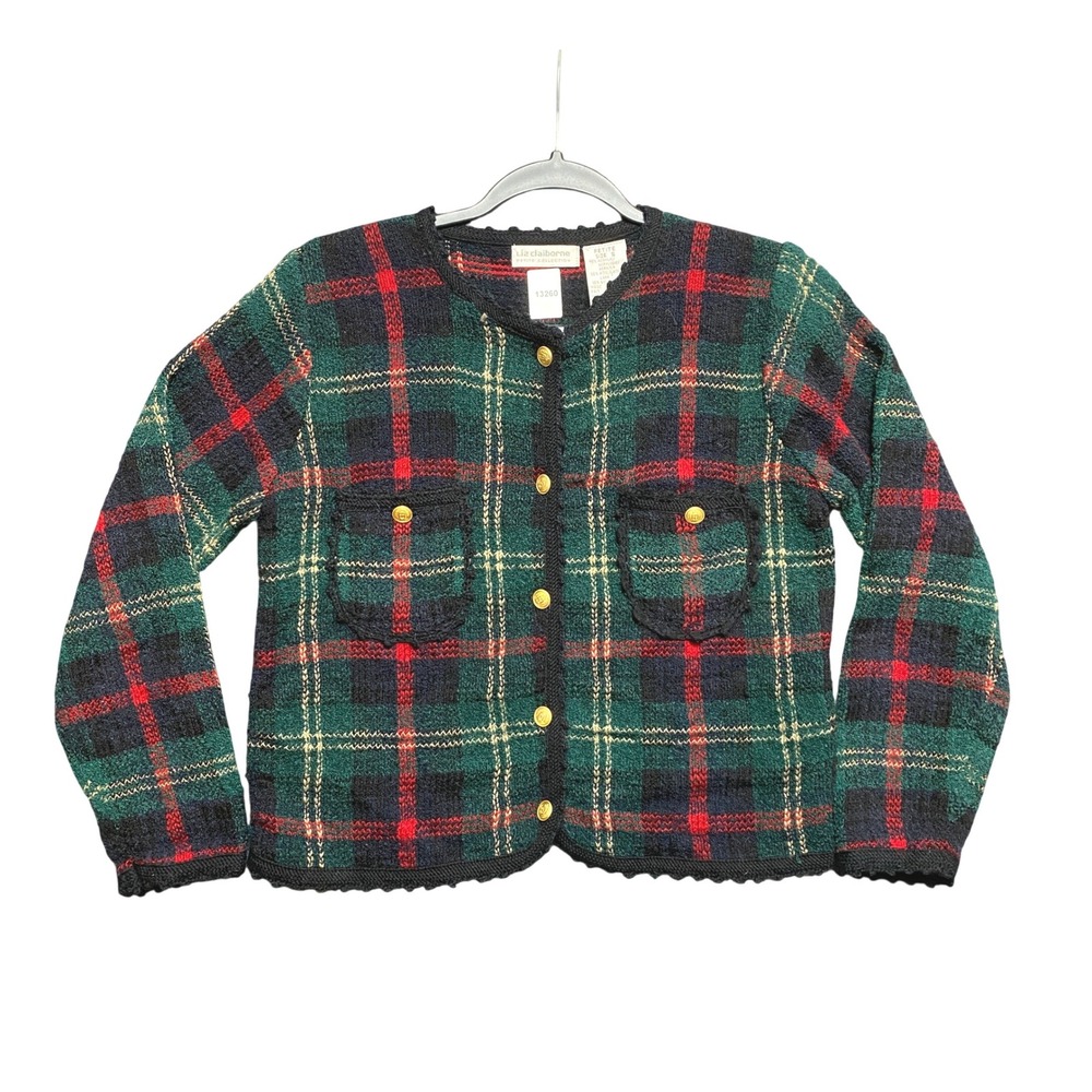 Liz Claiborne Cardigan Womens PS Green Plaid Button-down Petite Collection Wool